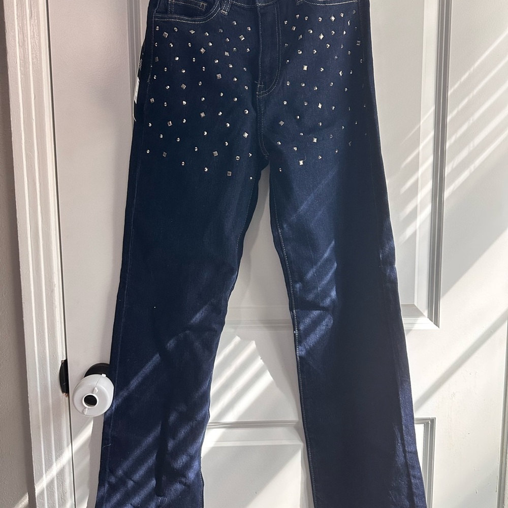 Fashion Nova Dark Blue Studded Flare Jeans